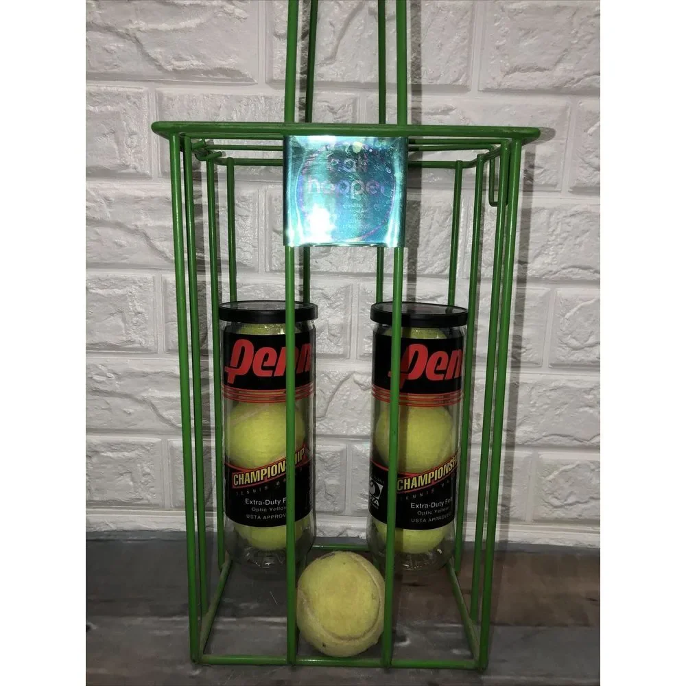 Vtg Tennis Ball Hopper Basket Green Plastic Coated Wire Made In USA + Penn Balls
